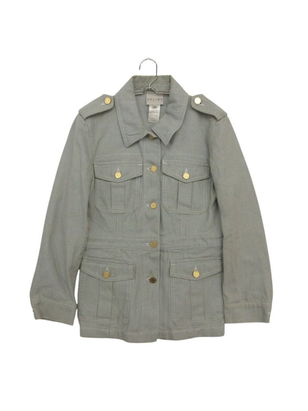 Celine Denim Jacket Logo Gold Button Safari Light Green